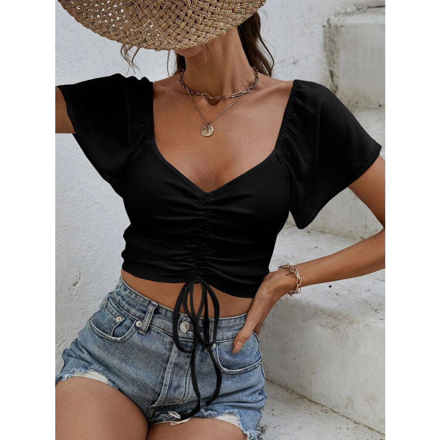 Drawstring Short Sleeve Crop Top Apparel and Accessories