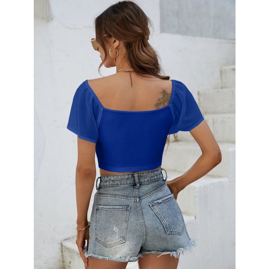 Drawstring Short Sleeve Crop Top Apparel and Accessories