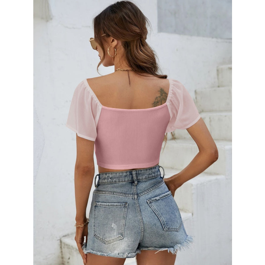 Drawstring Short Sleeve Crop Top Apparel and Accessories