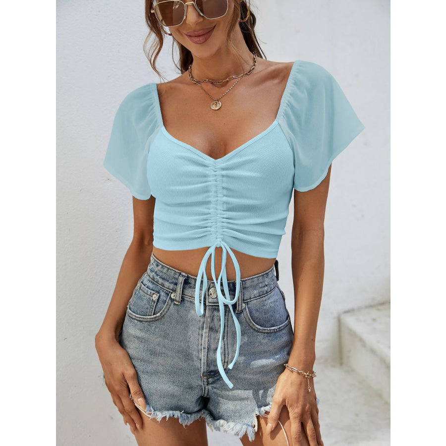 Drawstring Short Sleeve Crop Top Apparel and Accessories