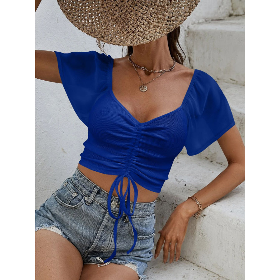 Drawstring Short Sleeve Crop Top Apparel and Accessories