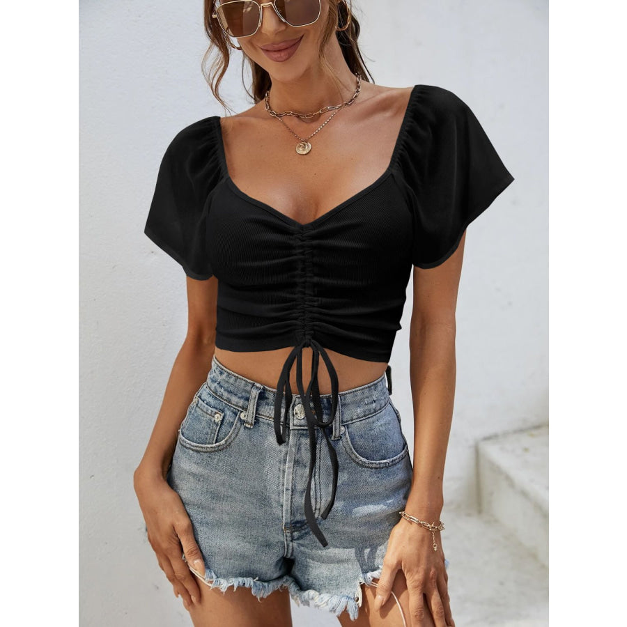 Drawstring Short Sleeve Crop Top Black / S Apparel and Accessories