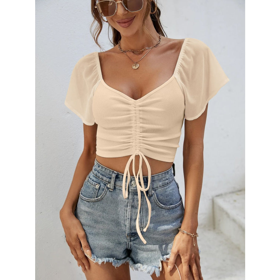 Drawstring Short Sleeve Crop Top Tan / S Apparel and Accessories