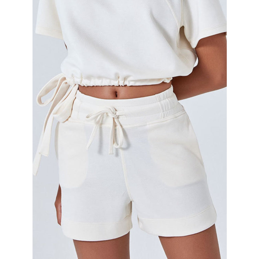 Drawstring Solid Color Shorts with Pockets Cream / S Apparel and Accessories