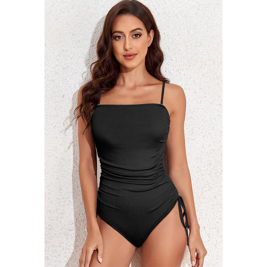 Drawstring Spaghetti Strap One-Piece Swimwear Black / S Apparel and Accessories