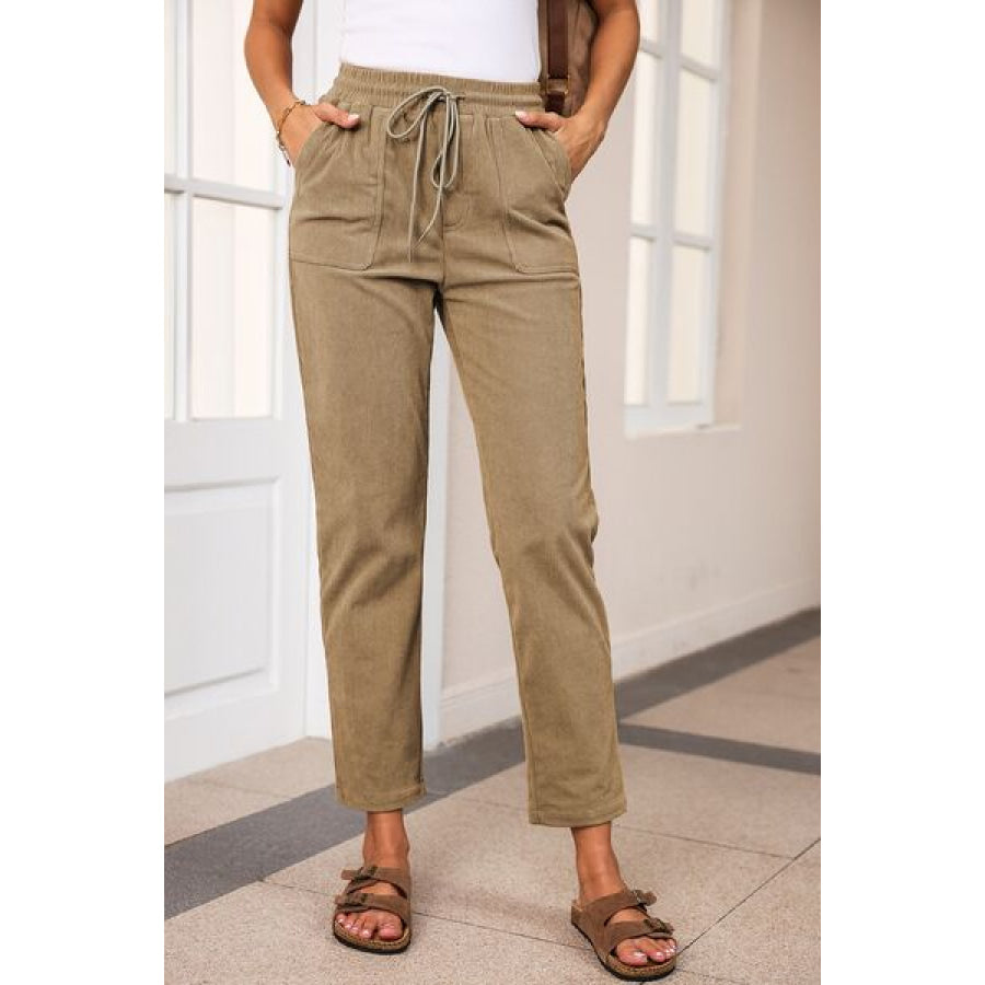 Drawstring Straight Pants with Pockets Khaki / S Apparel and Accessories