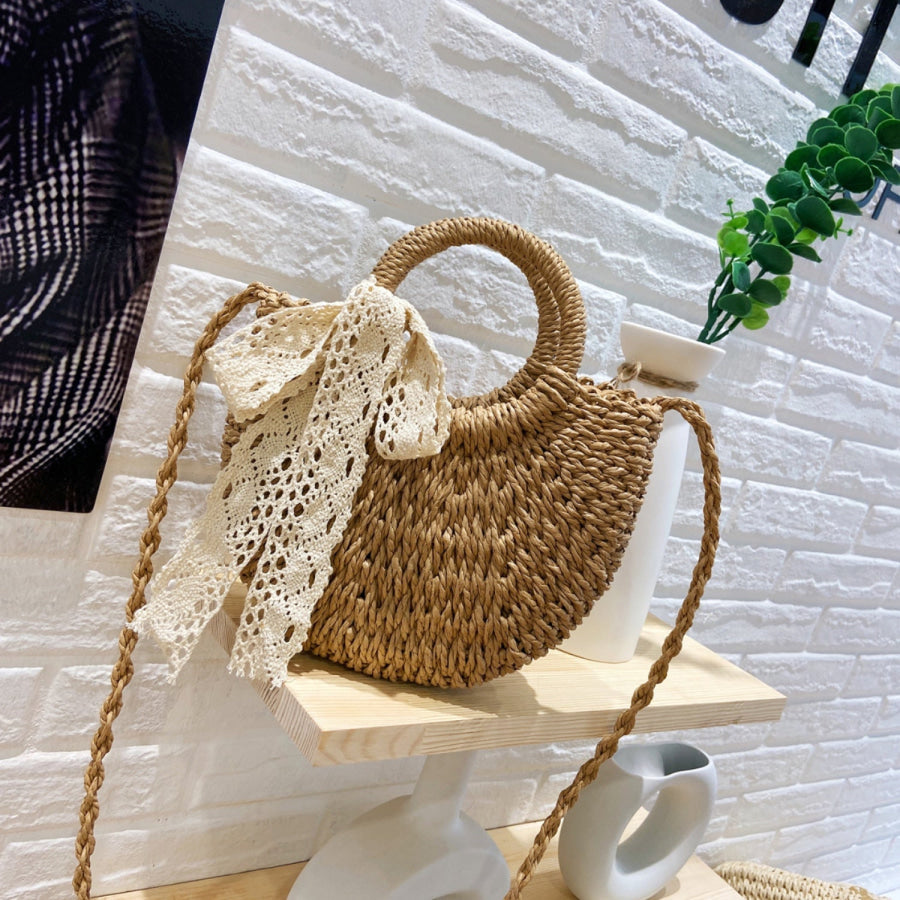 Drawstring Straw Braided Crossbody Bag Camel / One Size Apparel and Accessories