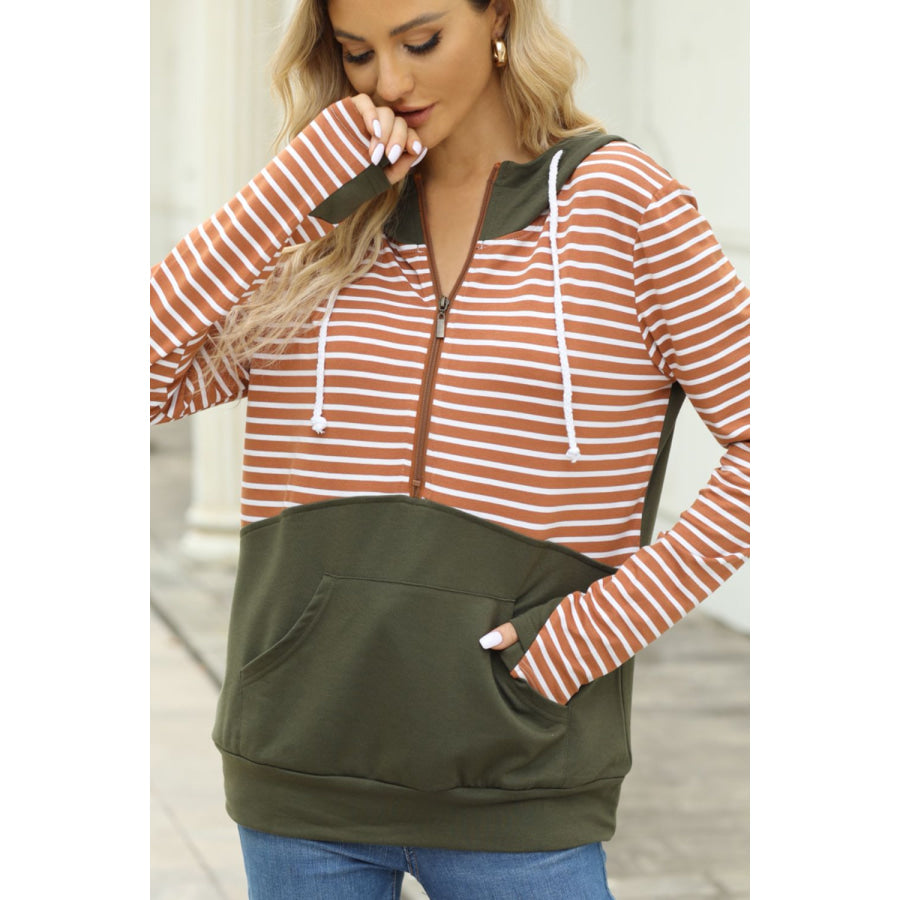Drawstring Stripe Half Zip Long Sleeve Hoodie Apparel and Accessories