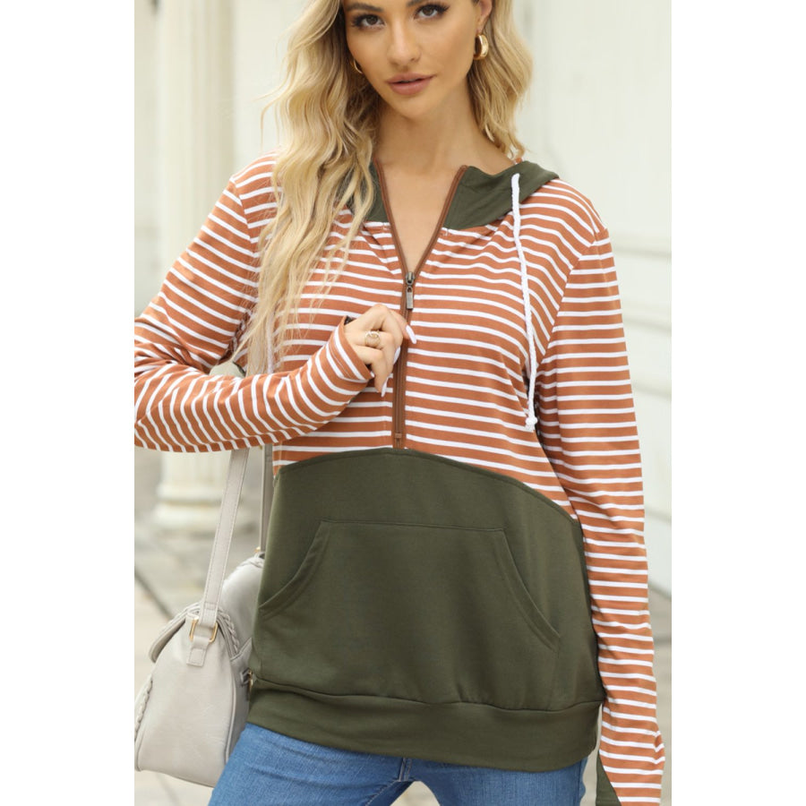 Drawstring Stripe Half Zip Long Sleeve Hoodie Apparel and Accessories
