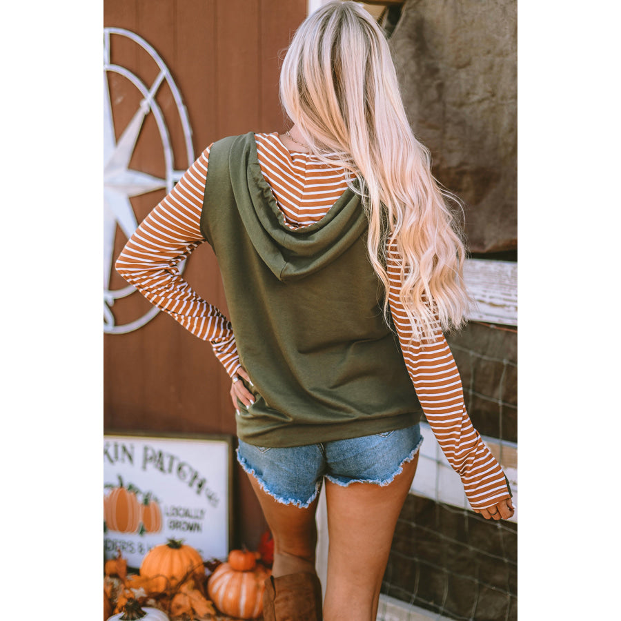 Drawstring Stripe Half Zip Long Sleeve Hoodie Apparel and Accessories