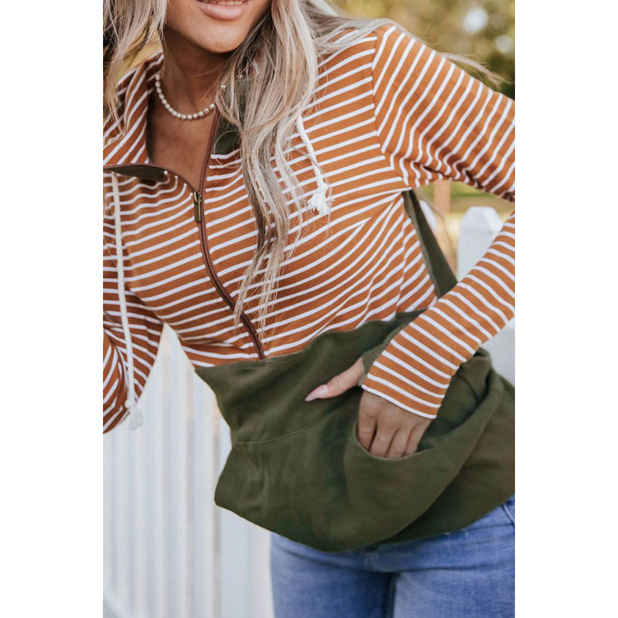 Drawstring Stripe Half Zip Long Sleeve Hoodie Apparel and Accessories