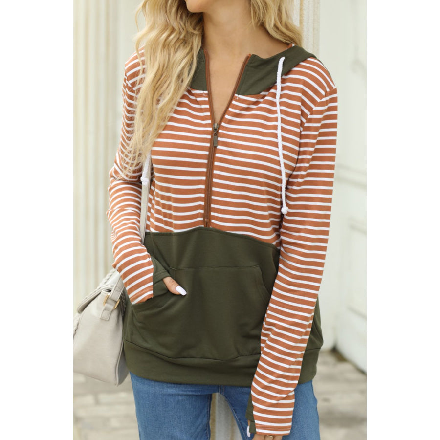 Drawstring Stripe Half Zip Long Sleeve Hoodie Apparel and Accessories
