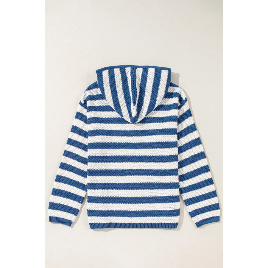 Drawstring Striped Long Sleeve Hooded Sweater Apparel and Accessories