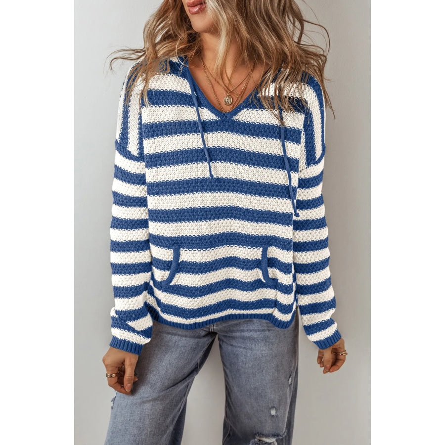 Drawstring Striped Long Sleeve Hooded Sweater Peacock Blue / S Apparel and Accessories