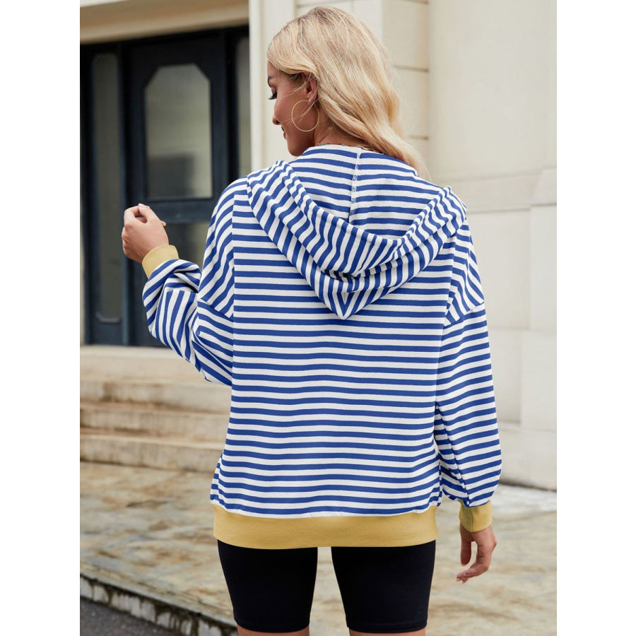 Drawstring Striped Zip Up Long Sleeve Hoodie Apparel and Accessories