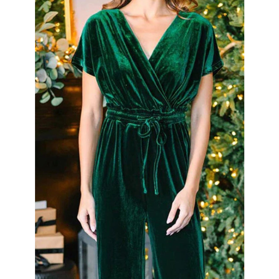 Drawstring Surplice Short Sleeve Jumpsuit Apparel and Accessories