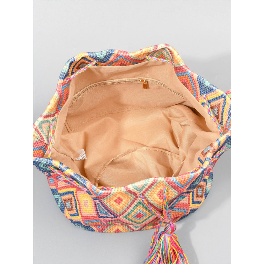Drawstring Tassel Geometric Shoulder Bag Apparel and Accessories