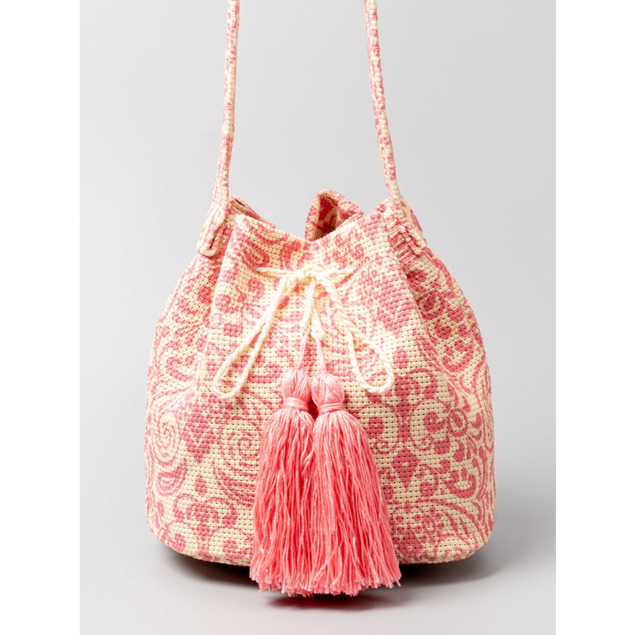 Drawstring Tassel Geometric Shoulder Bag Carnation Pink / One Size Apparel and Accessories