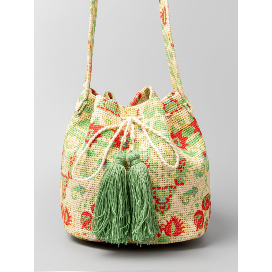 Drawstring Tassel Geometric Shoulder Bag Light Green / One Size Apparel and Accessories