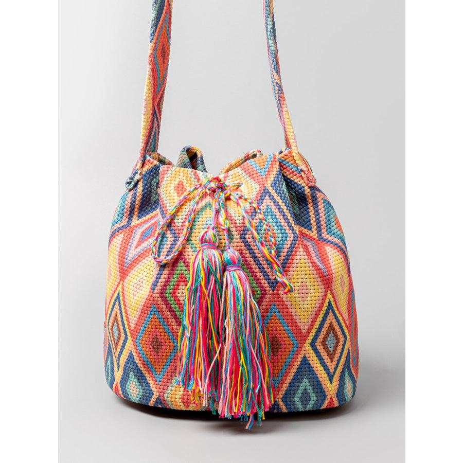 Drawstring Tassel Geometric Shoulder Bag Multicolor / One Size Apparel and Accessories
