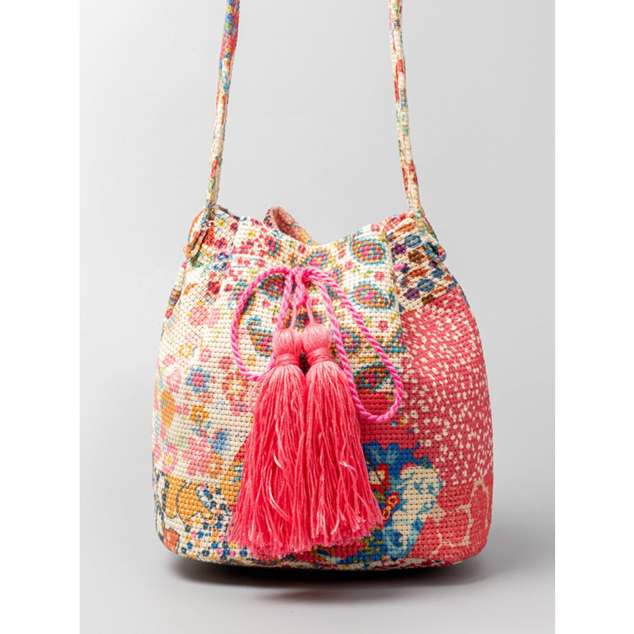 Drawstring Tassel Geometric Shoulder Bag Strawberry / One Size Apparel and Accessories