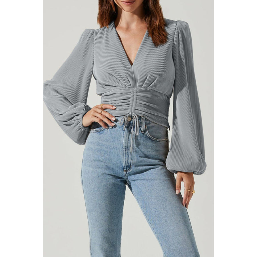 Drawstring V-Neck Long Sleeve Blouse Apparel and Accessories