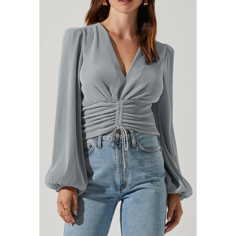 Drawstring V-Neck Long Sleeve Blouse Gray / S Apparel and Accessories