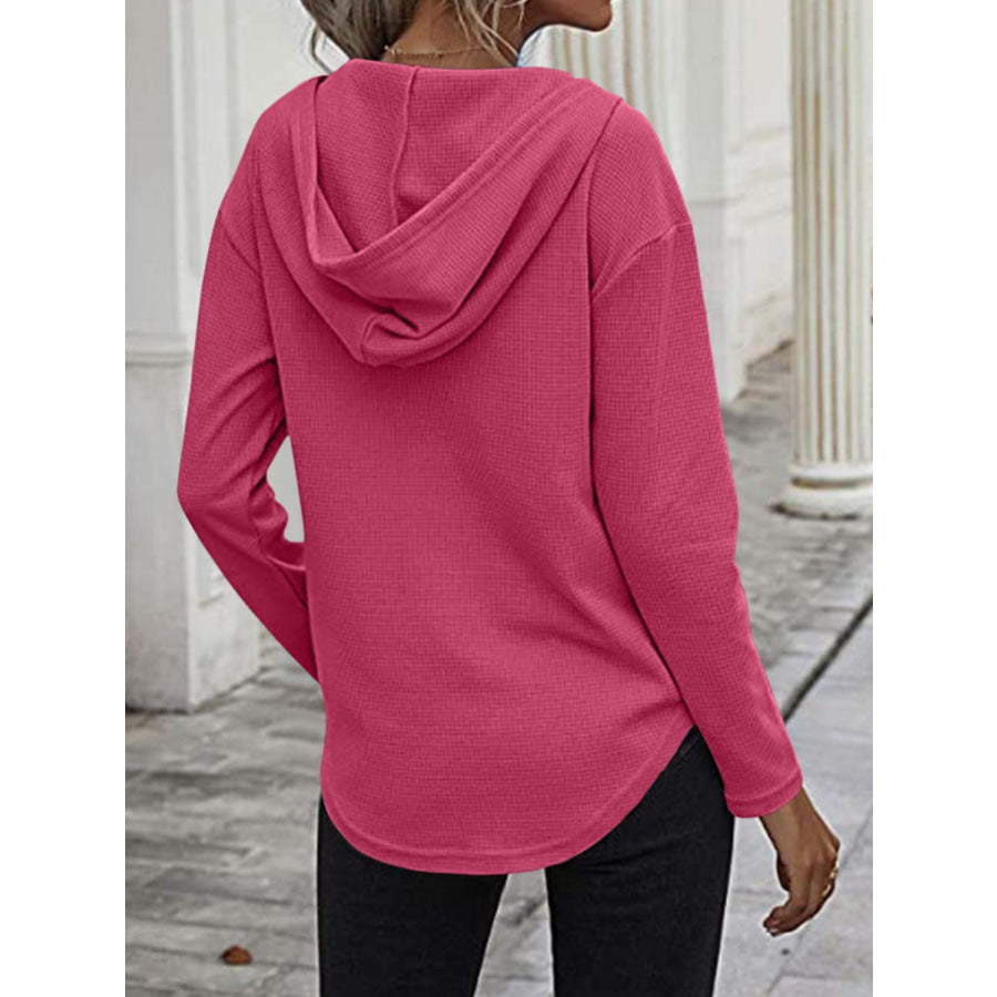 Drawstring Waffle Knit Long Sleeve Hooded Top Apparel and Accessories