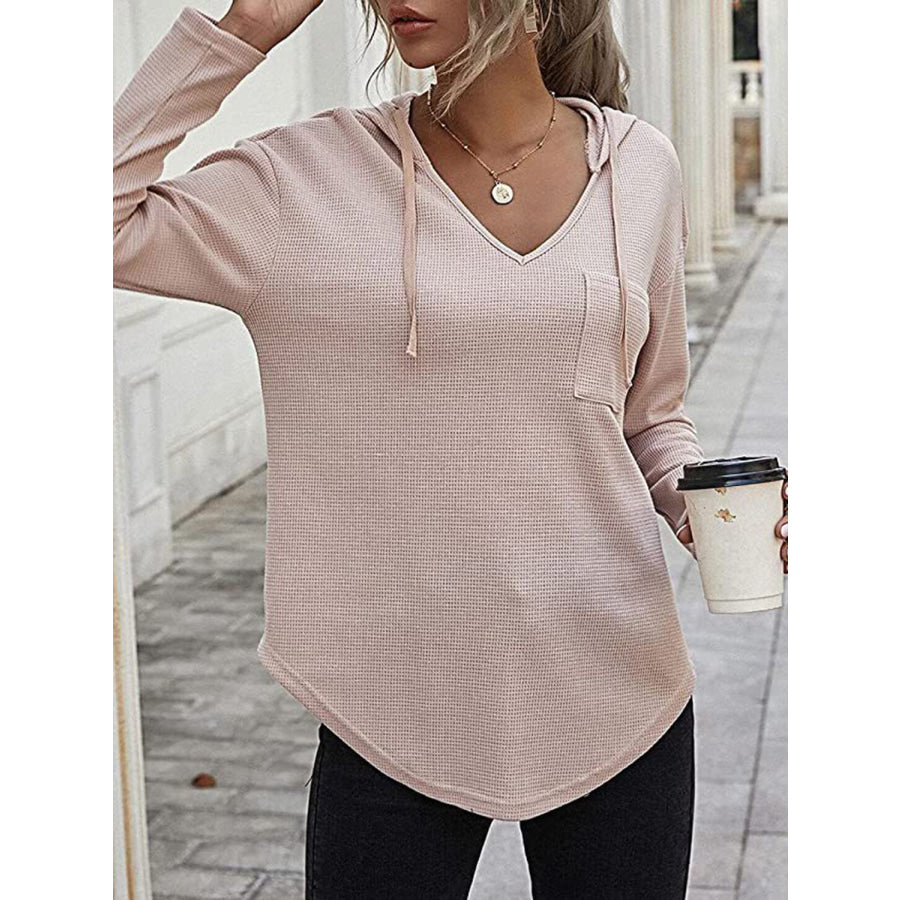 Drawstring Waffle Knit Long Sleeve Hooded Top Apparel and Accessories
