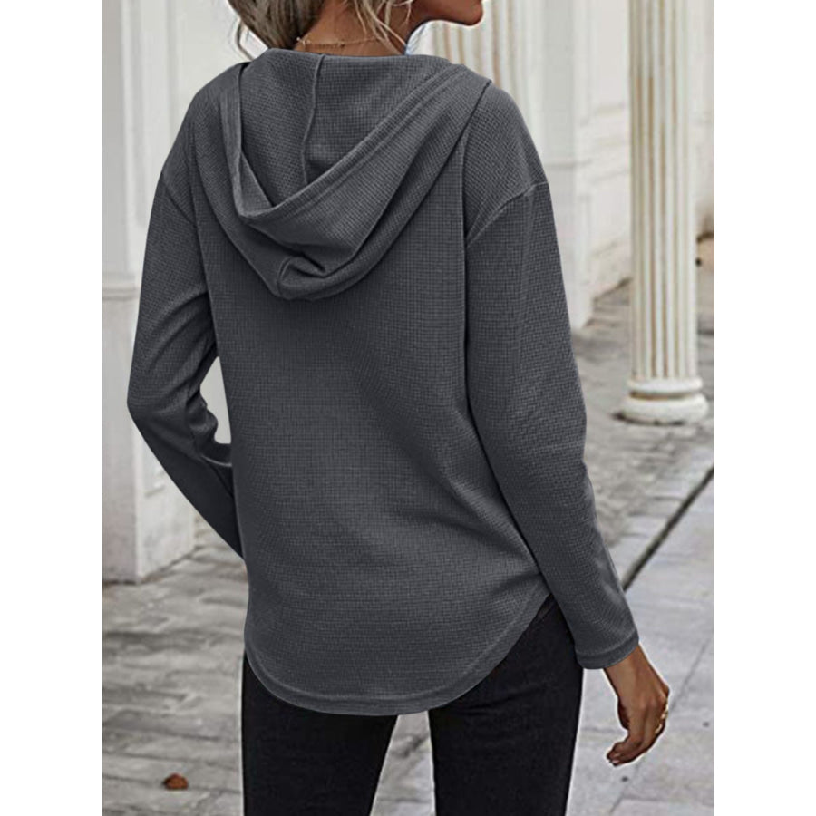 Drawstring Waffle Knit Long Sleeve Hooded Top Apparel and Accessories