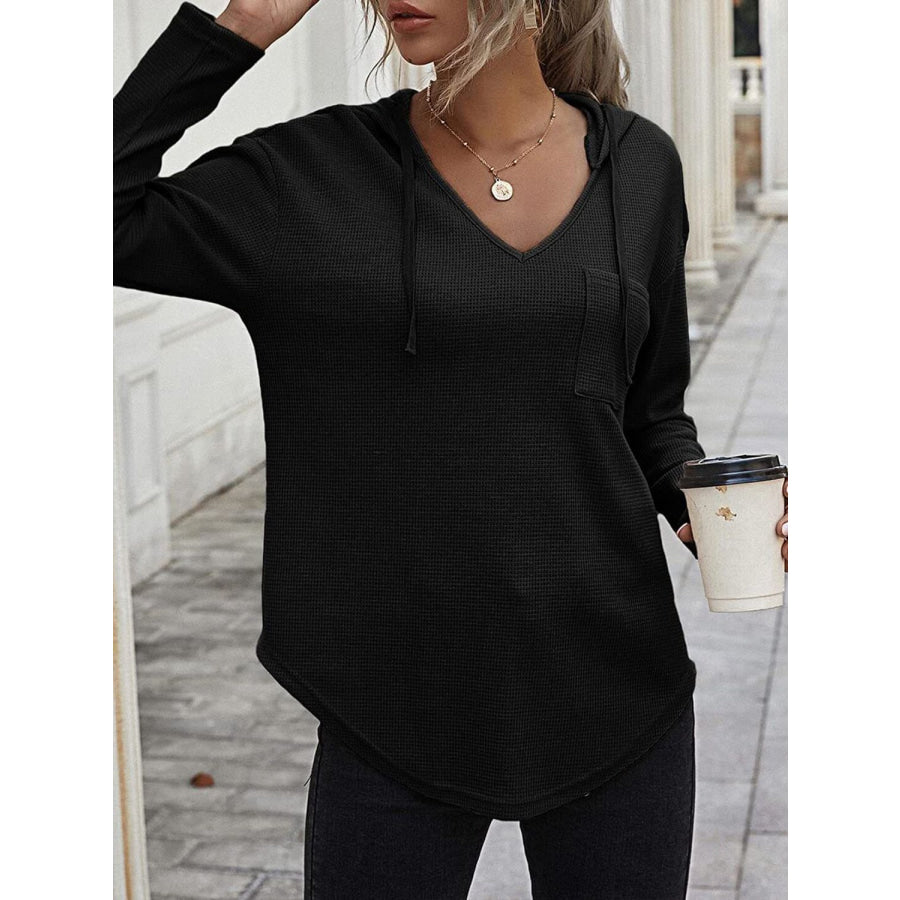 Drawstring Waffle Knit Long Sleeve Hooded Top Apparel and Accessories