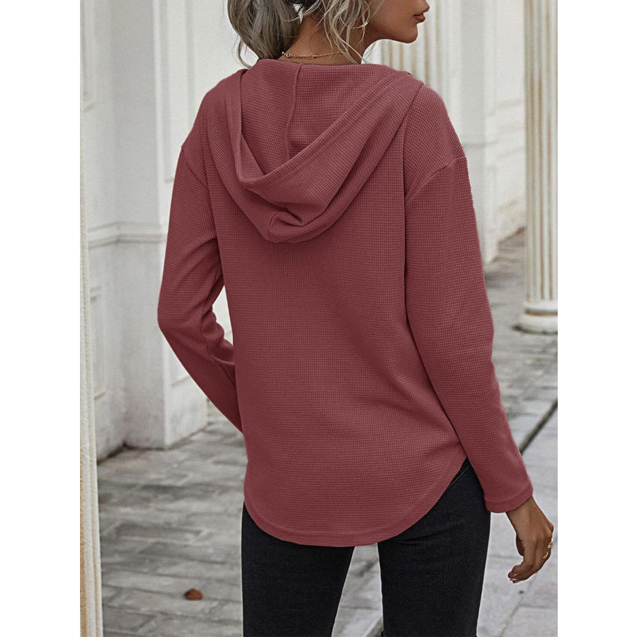 Drawstring Waffle Knit Long Sleeve Hooded Top Dark Rose / S Apparel and Accessories