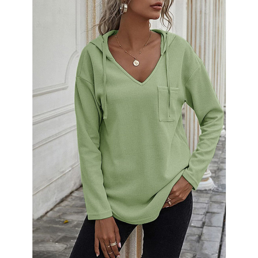 Drawstring Waffle Knit Long Sleeve Hooded Top Apparel and Accessories