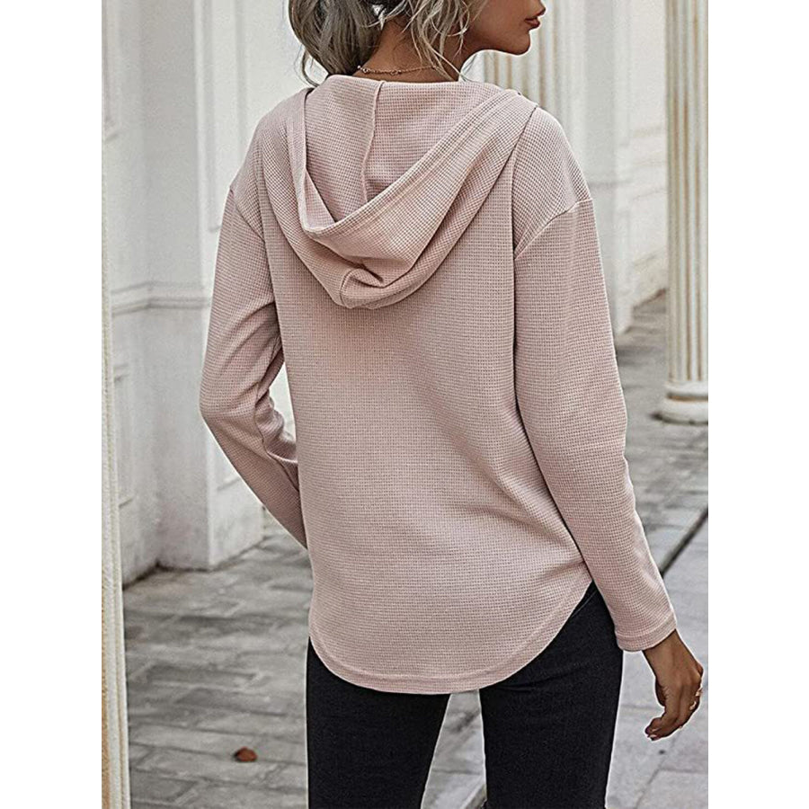 Drawstring Waffle Knit Long Sleeve Hooded Top Apparel and Accessories