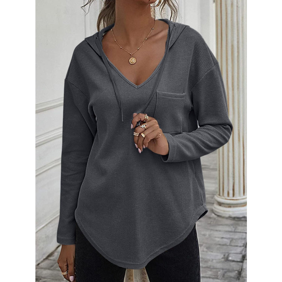 Drawstring Waffle Knit Long Sleeve Hooded Top Apparel and Accessories