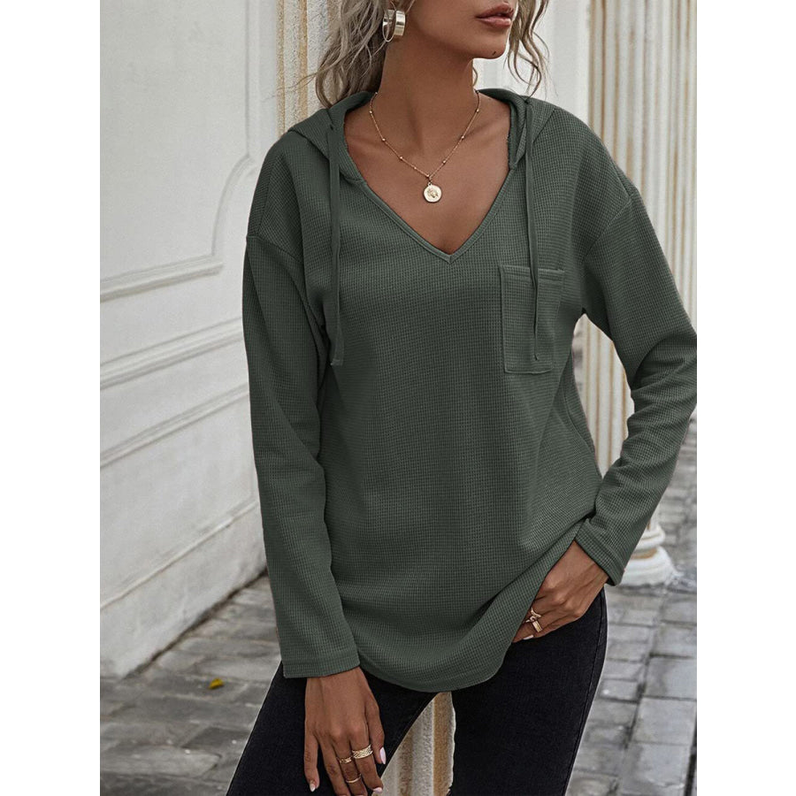 Drawstring Waffle Knit Long Sleeve Hooded Top Apparel and Accessories