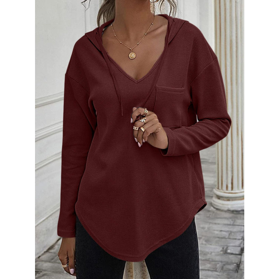 Drawstring Waffle Knit Long Sleeve Hooded Top Apparel and Accessories