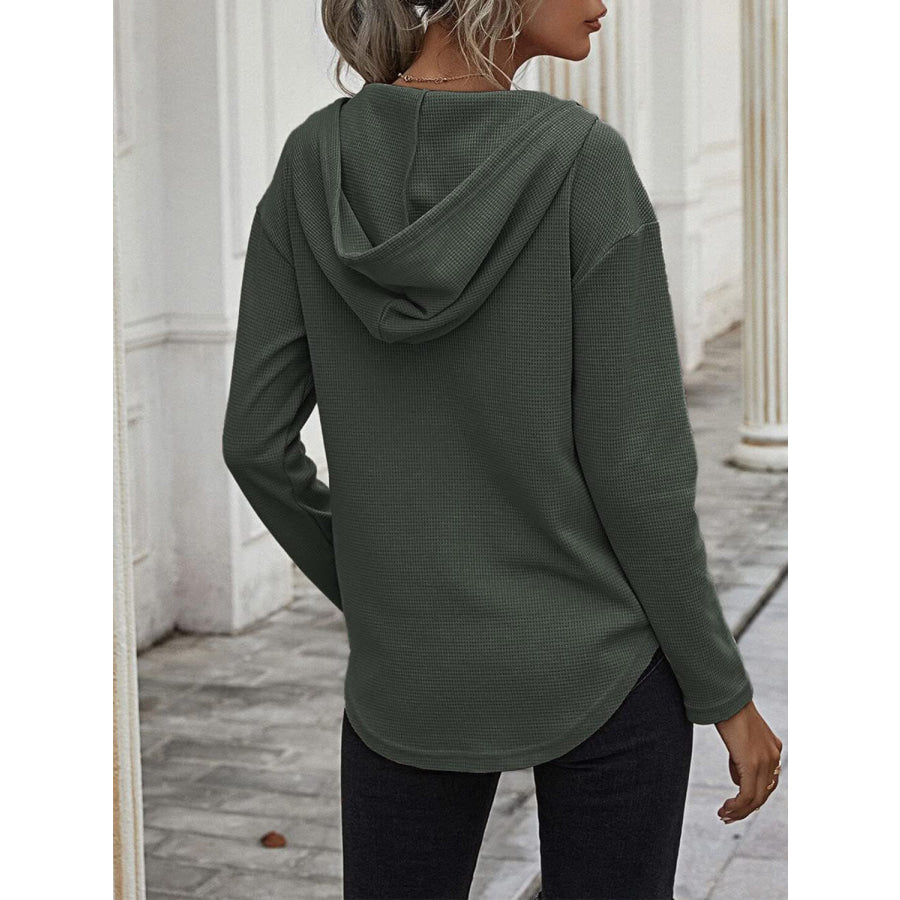 Drawstring Waffle Knit Long Sleeve Hooded Top Apparel and Accessories