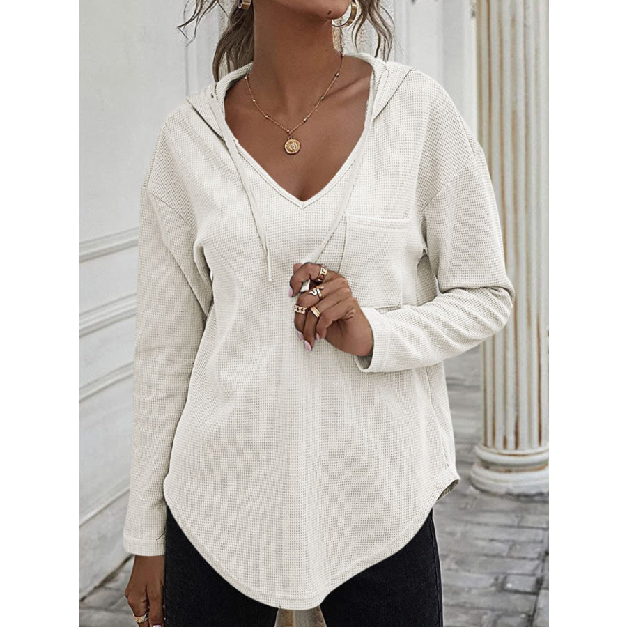 Drawstring Waffle Knit Long Sleeve Hooded Top Apparel and Accessories