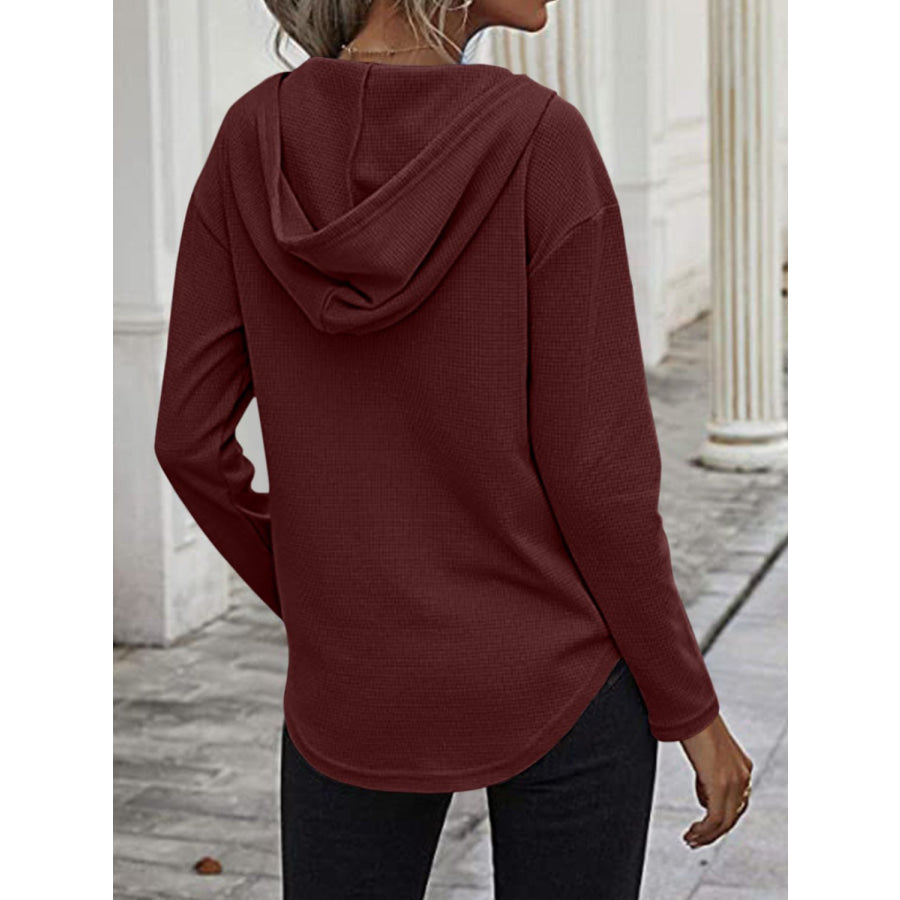 Drawstring Waffle Knit Long Sleeve Hooded Top Apparel and Accessories