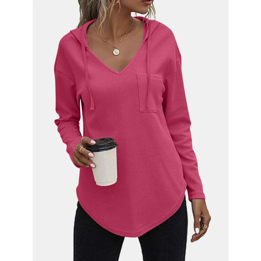 Drawstring Waffle Knit Long Sleeve Hooded Top Apparel and Accessories