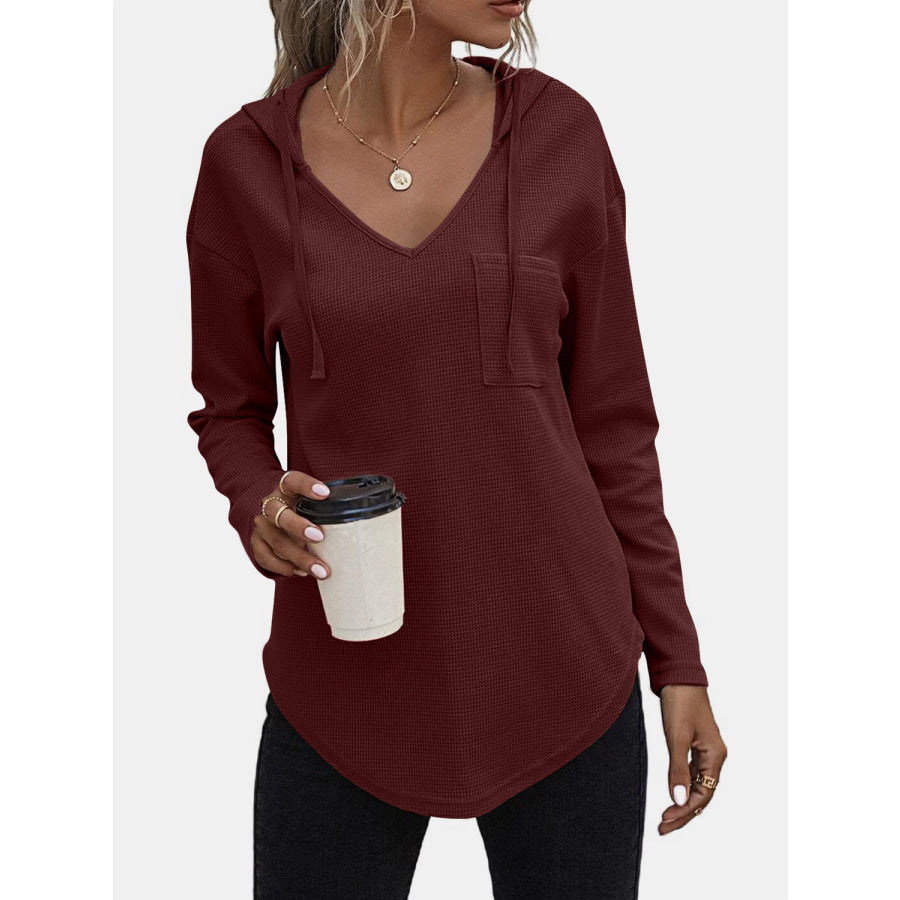 Drawstring Waffle Knit Long Sleeve Hooded Top Burgundy / S Apparel and Accessories