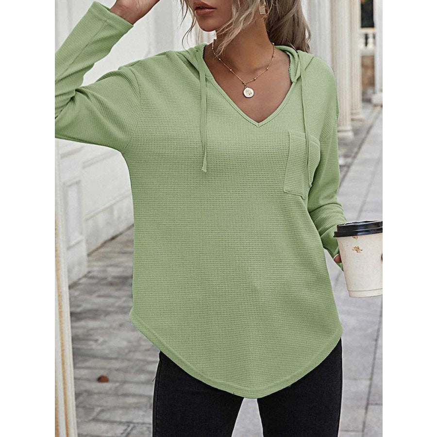Drawstring Waffle Knit Long Sleeve Hooded Top Lime / S Apparel and Accessories