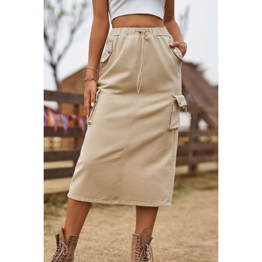Drawstring Waist Slit Denim Skirt Tan / S