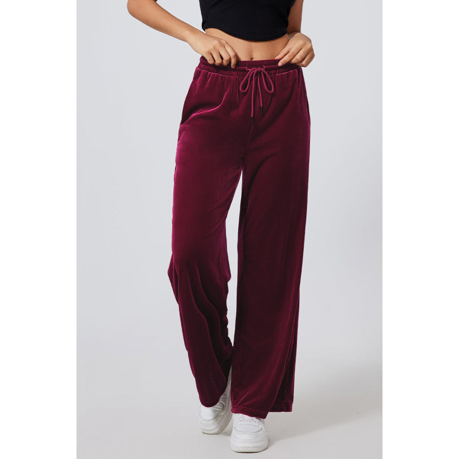 Drawstring Wide Leg Active Pants Burgundy / S Apparel and Accessories