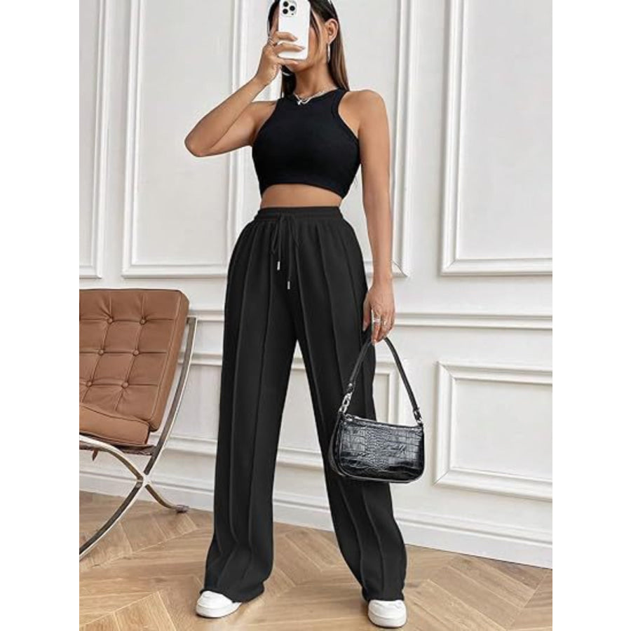 Drawstring Wide Leg Pants with Pockets Apparel and Accessories