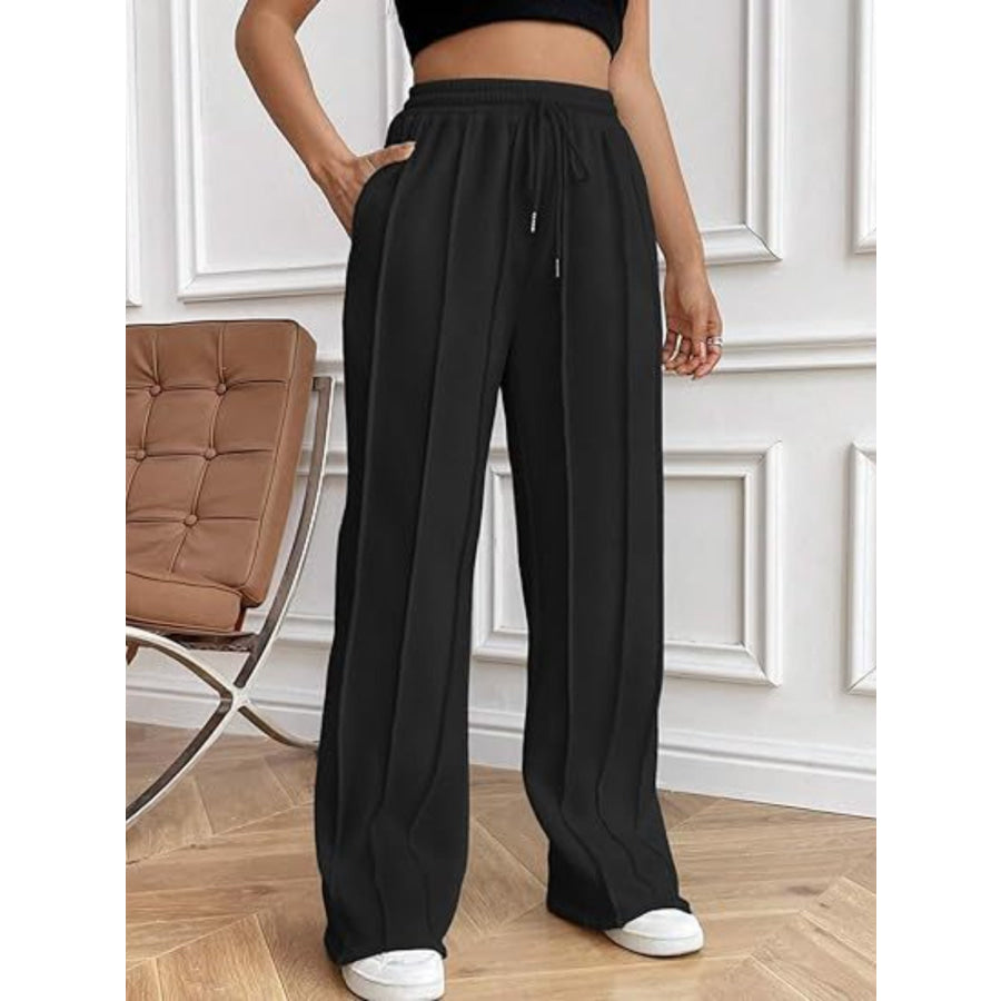 Drawstring Wide Leg Pants with Pockets Black / S Apparel and Accessories