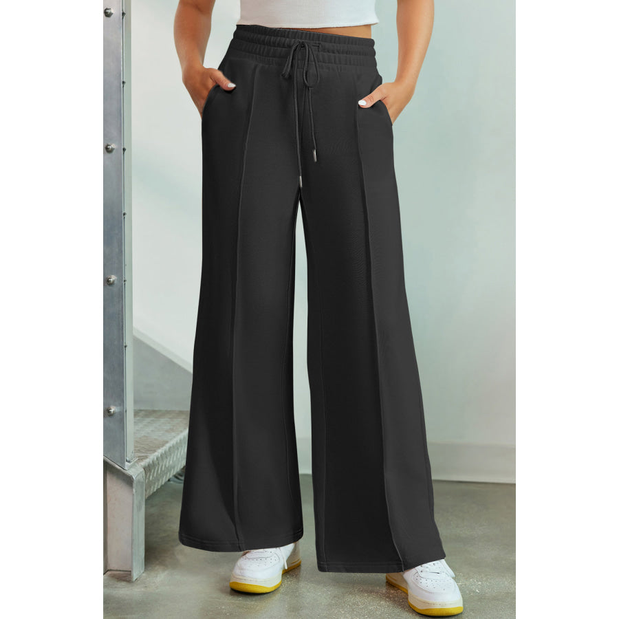 Drawstring Wide Leg Pants with Pockets Black / S Apparel and Accessories