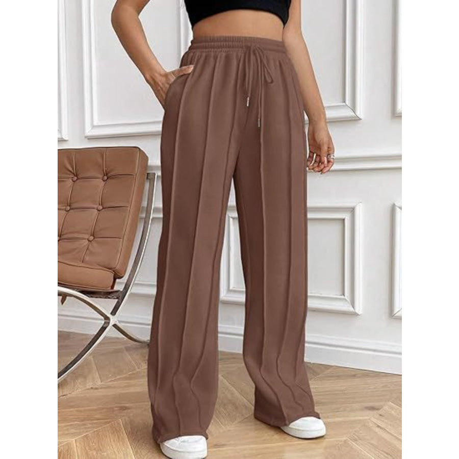 Drawstring Wide Leg Pants with Pockets Brown / S Apparel and Accessories