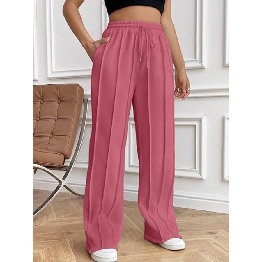 Drawstring Wide Leg Pants with Pockets Deep Rose / S Apparel and Accessories